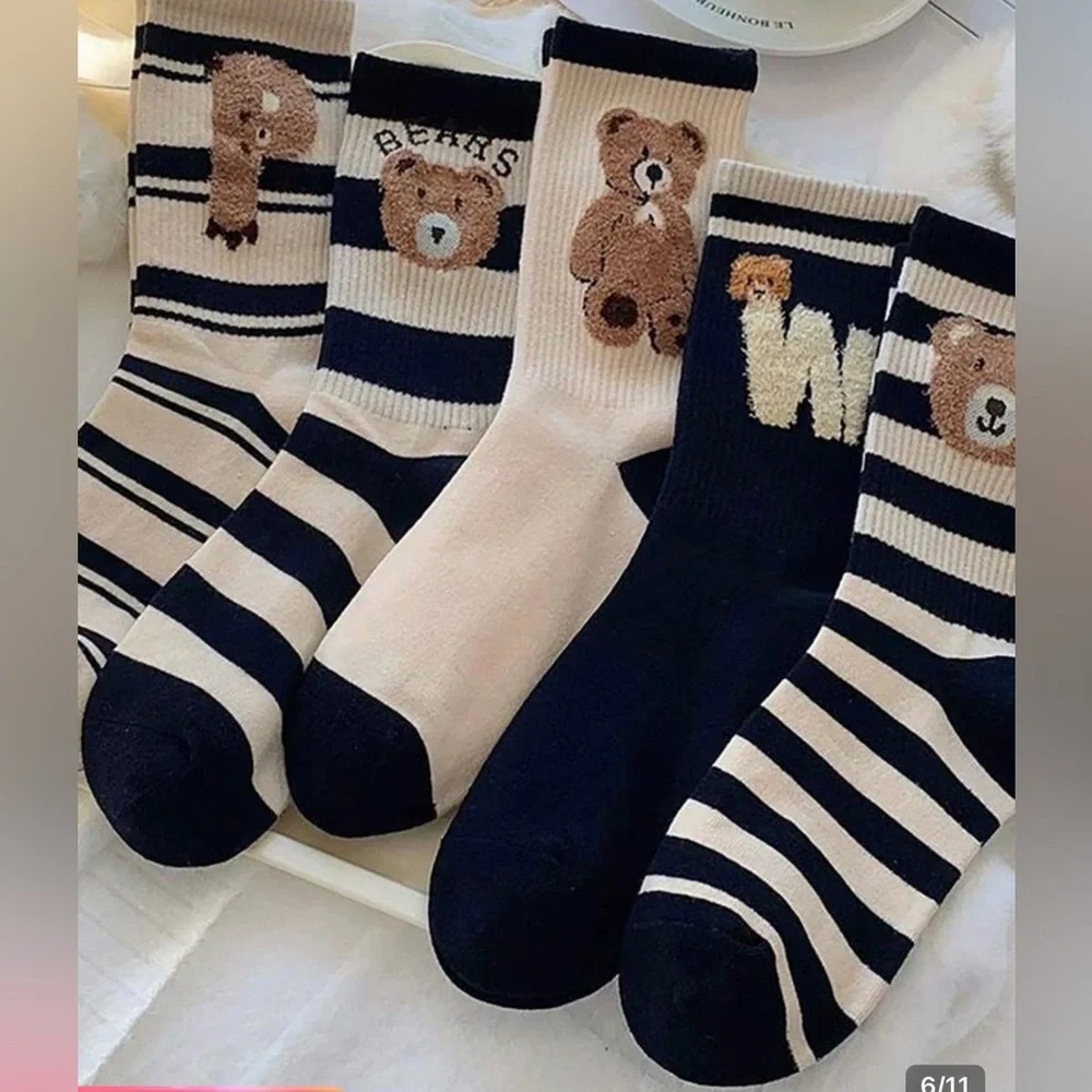 Bear socks 5 pair fuzzy polo monogram W P Ralph Lauren womens chenille black NEW - Picture 2 of 7